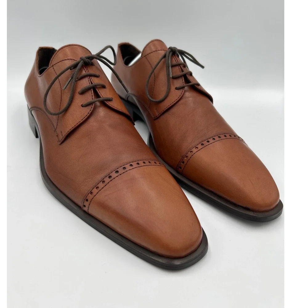 SOULIER Mens Cognac Brown Leather‎ Cap Toe Brogue Derby Shoes Size 43